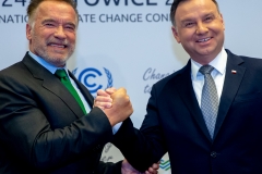 Katowice, 04.12.2018. Prezydent Andrzej Duda (P) oraz były gubernator Kalifornii Arnold Schwarzenegger (L) podczas spotkania bilateralnego w ramach Szczytu Klimatycznego ONZ COP24 w Katowicach, 4 bm. Celem spotkania jest ustanowienie reguł wdrażania pierwszej globalnej umowy klimatycznej, jaką jest Porozumienie paryskie. (nlat) PAP/Andrzej Grygiel